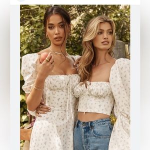 NWOT HOUSE OF CB TALLULAH White Floral Puff Sleeve Midi Dress/Size XS 💐🪷